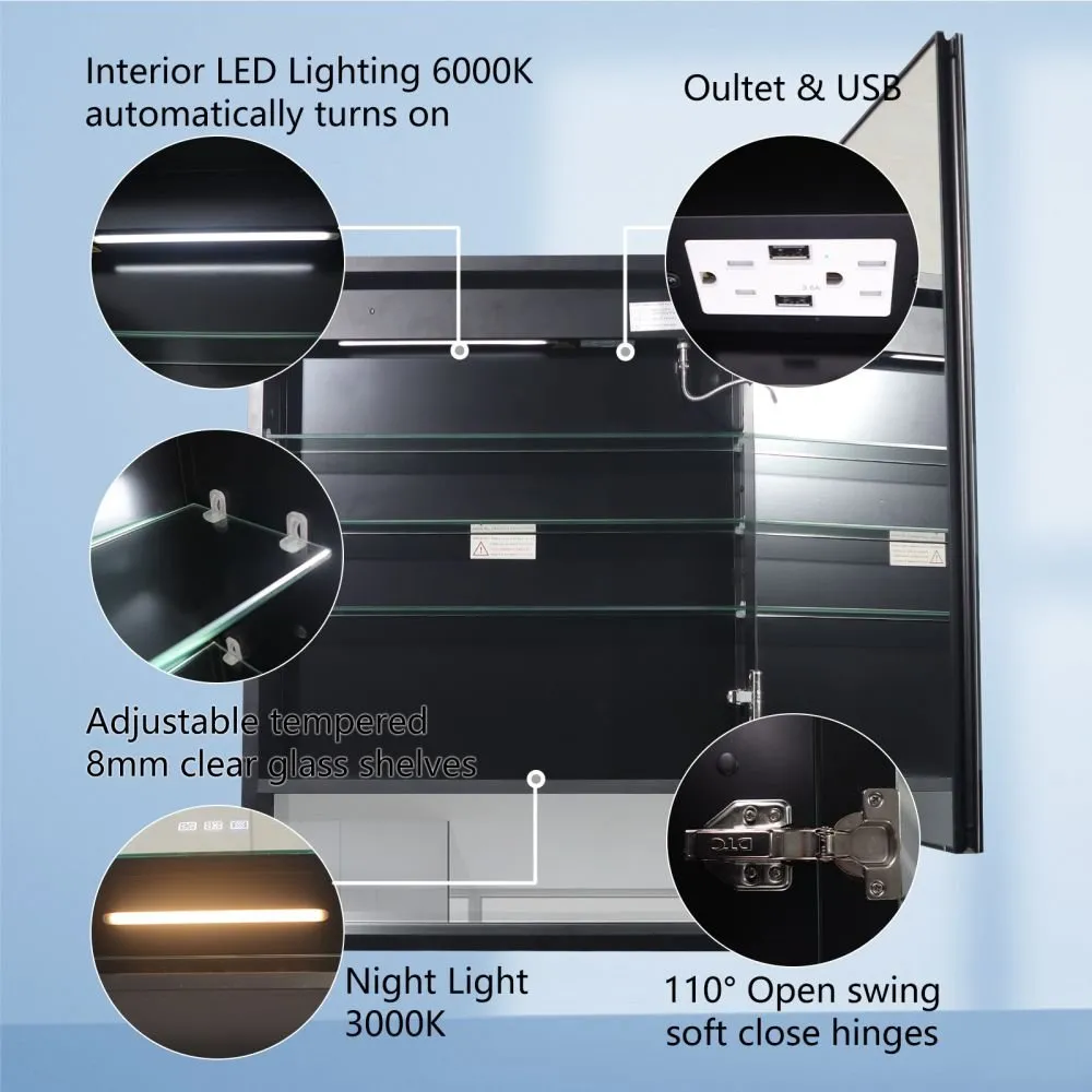 Ample 24" W x 32" H Lighted Black Medicine Cabinet Bathroom Medicine Cabinet with Double Sided Mirror And Lights,Hinge on Right