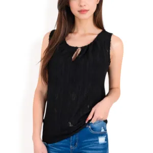 Anna-Kaci Women's Sleeveless Blouse with Keyhole Neckline and Geometric Eyelet Design