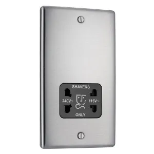 BG Nexus Metal Dual Voltage Shaver Socket in Brushed Steel with Black Inserts - NBS20B-01