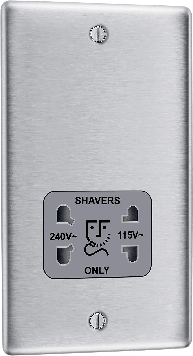 BG Nexus Metal Dual Voltage Shaver Socket in Brushed Steel with Grey Inserts - NBS20G-01