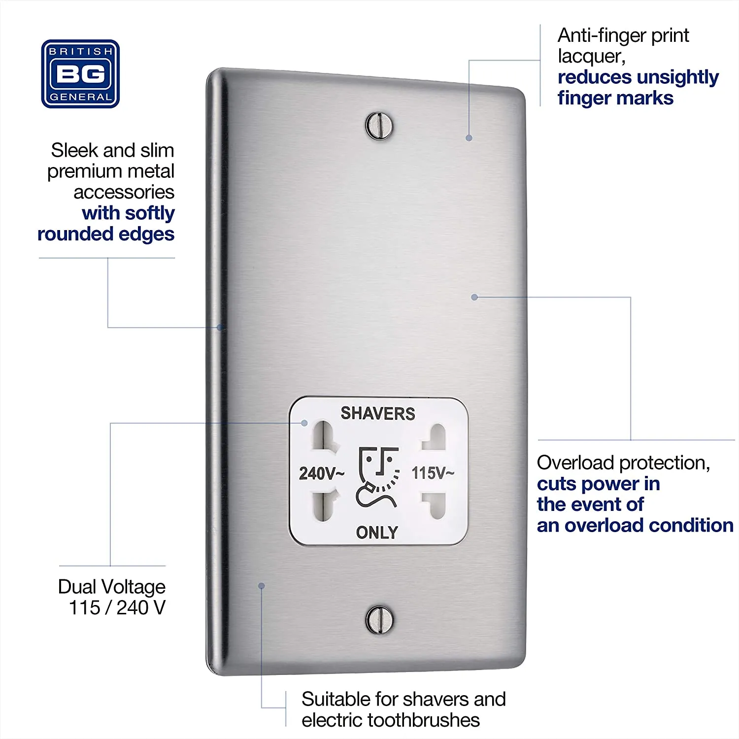 BG Nexus Metal Dual Voltage Shaver Socket in Brushed Steel with White Inserts - NBS20W-01