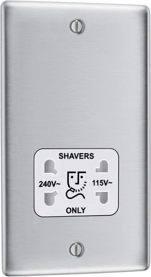 BG Nexus Metal Dual Voltage Shaver Socket in Brushed Steel with White Inserts - NBS20W-01