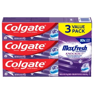 Colgate Max Fresh Knockout Toothpaste, Whitening Toothpaste with Mini Breath Strips, Mint Fusion, 3 Pack, 6.3 Oz Tubes