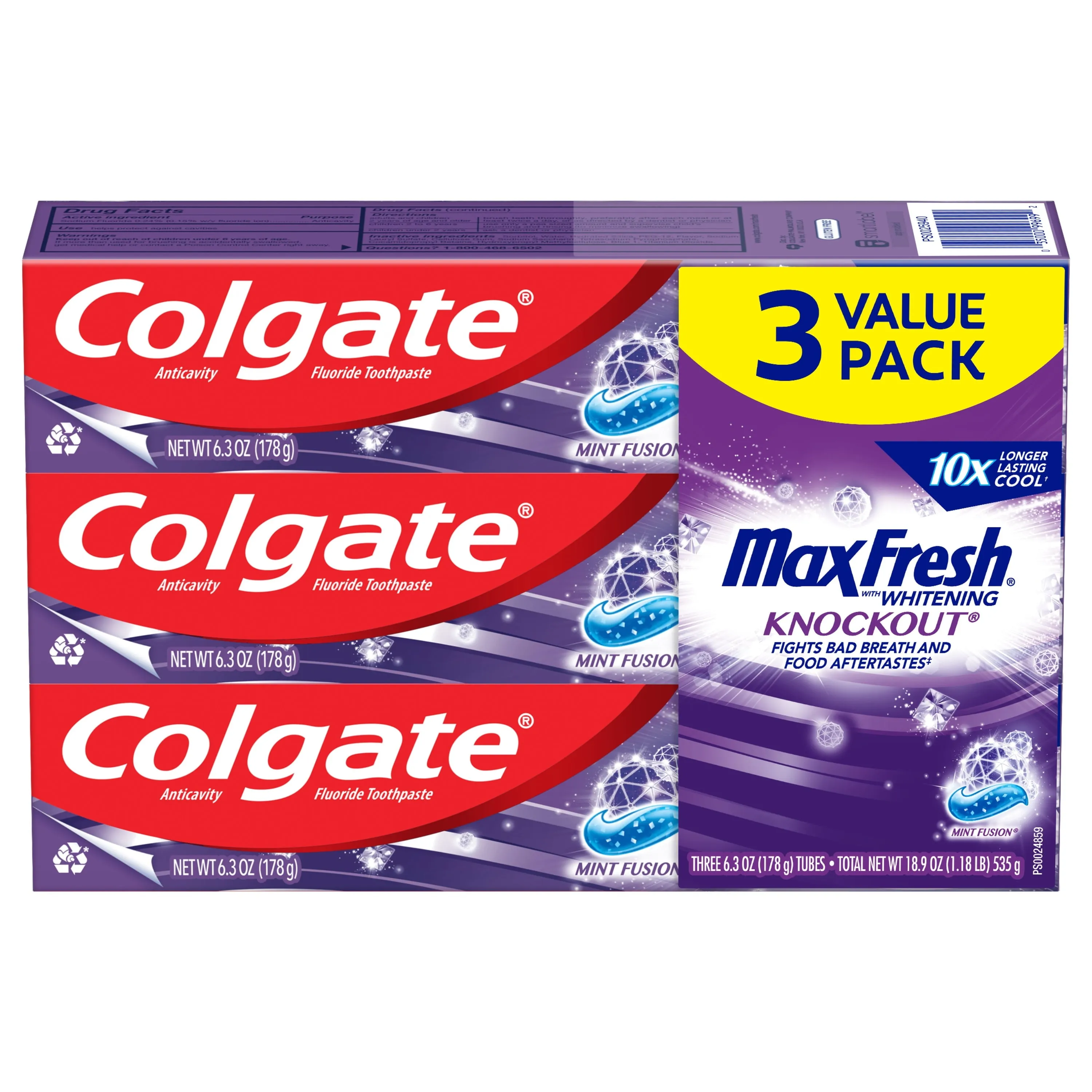 Colgate Max Fresh Knockout Toothpaste, Whitening Toothpaste with Mini Breath Strips, Mint Fusion, 3 Pack, 6.3 Oz Tubes