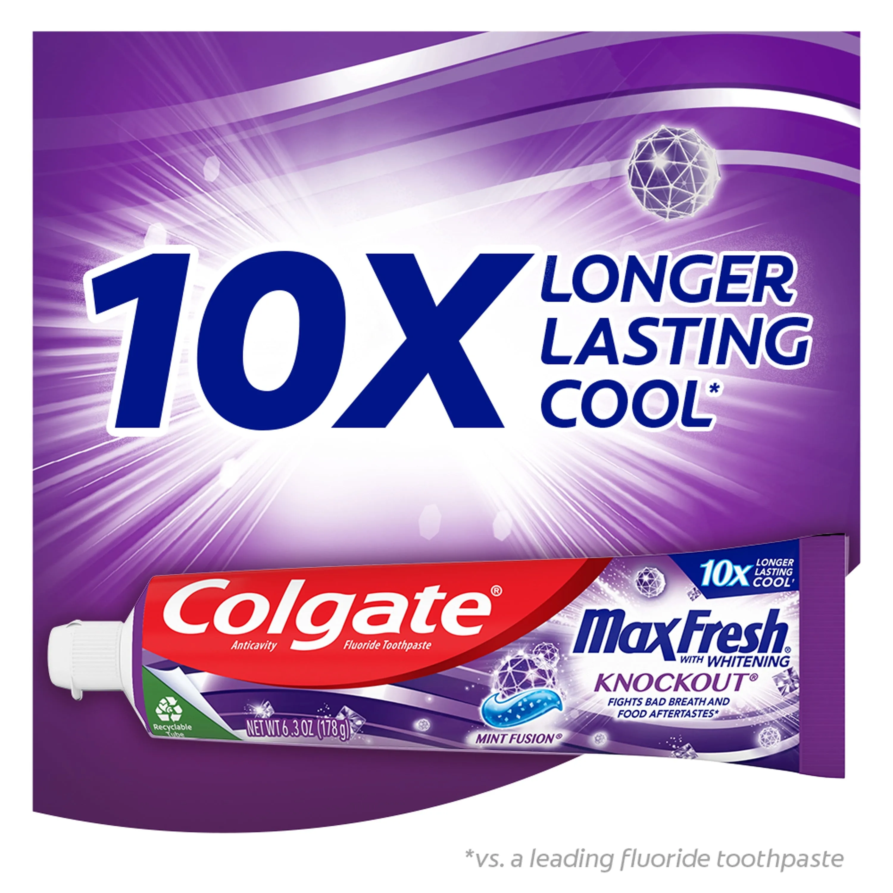 Colgate Max Fresh Knockout Toothpaste, Whitening Toothpaste with Mini Breath Strips, Mint Fusion, 3 Pack, 6.3 Oz Tubes