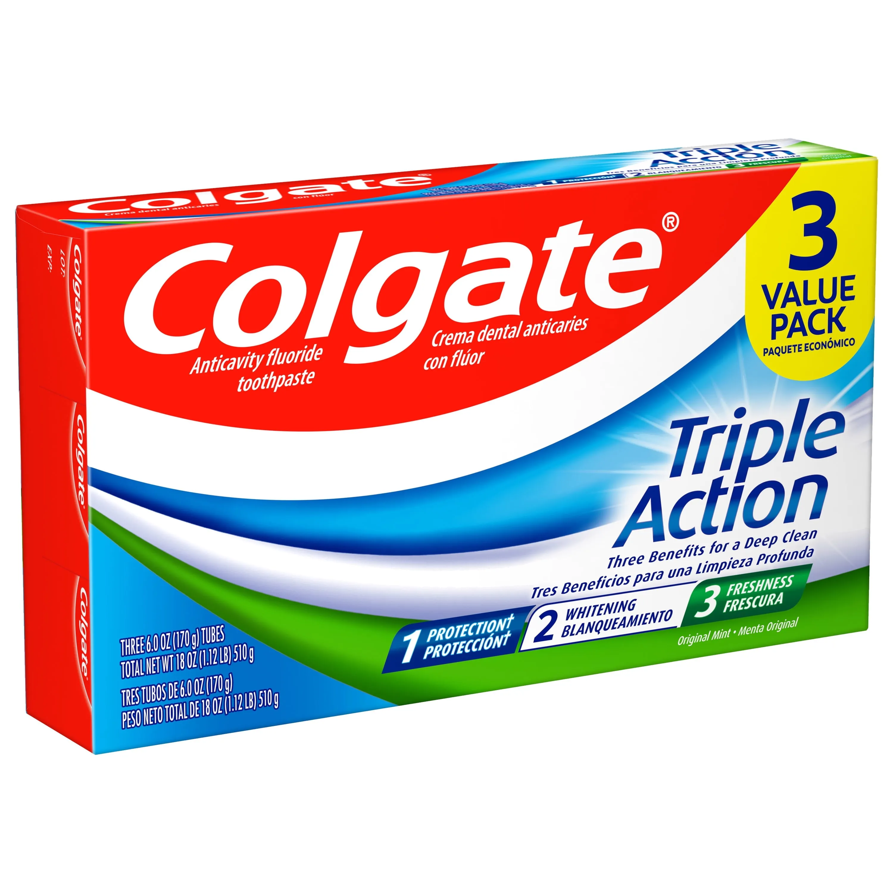 Colgate Triple Action Toothpaste, Original Mint, 3 Pack, 6 Oz Tubes