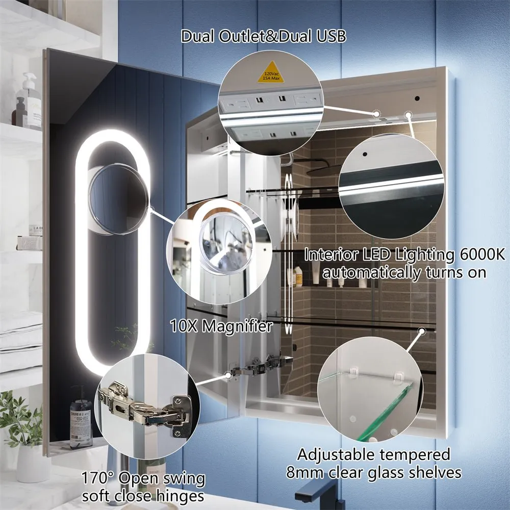 Illusion 20" x 32" LED Lighted Medicine Cabinet with Magnifiers Front and Back Light,Hinge on the Left