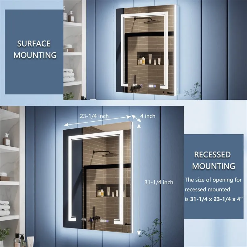 Illusion-B 24" x 32" LED Lighted Inset Mirrored Medicine Cabinet with Magnifiers Front and Back Light,Hinge on Left