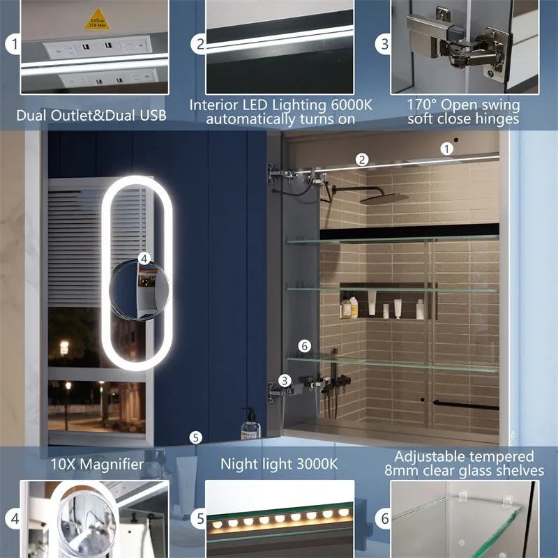 Illusion-B 24" x 32" LED Lighted Inset Mirrored Medicine Cabinet with Magnifiers Front and Back Light,Hinge on Left