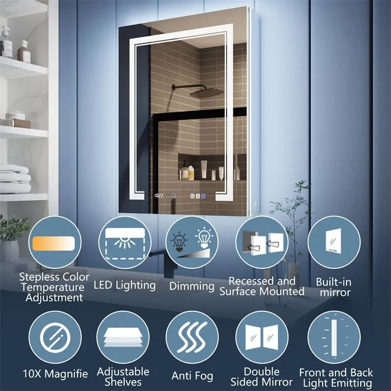 Illusion-B 24" x 32" LED Lighted Inset Mirrored Medicine Cabinet with Magnifiers Front and Back Light,Hinge on Left