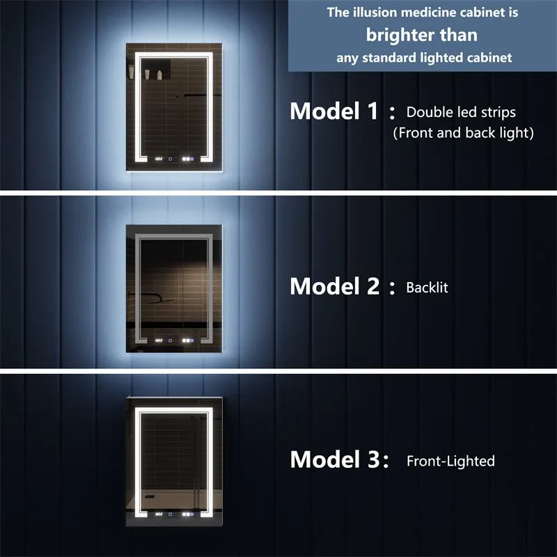 Illusion-B 24" x 32" LED Lighted Inset Mirrored Medicine Cabinet with Magnifiers Front and Back Light,Hinge on Left