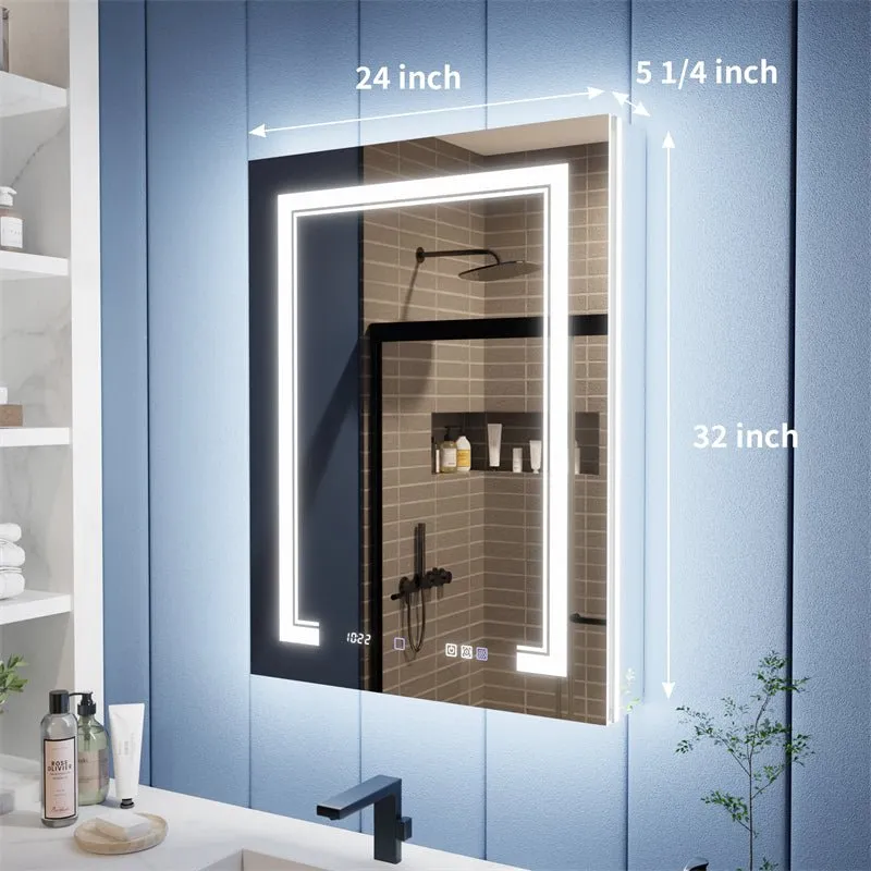 Illusion-B 24" x 32" LED Lighted Inset Mirrored Medicine Cabinet with Magnifiers Front and Back Light,Hinge on Left