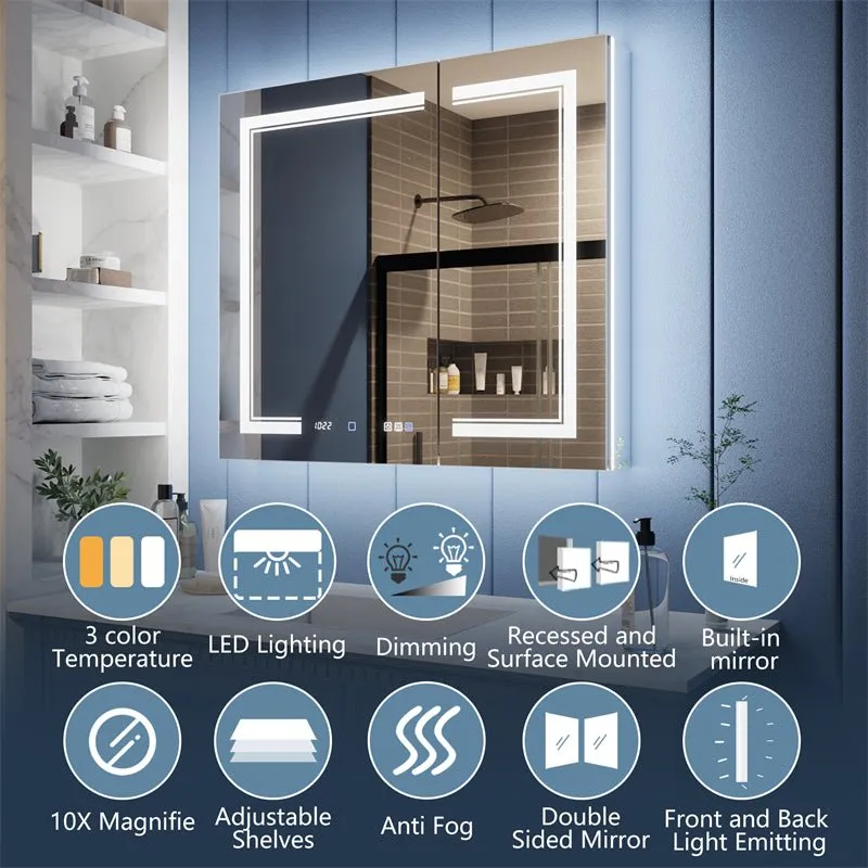 Illusion-B 36" x 32" LED Lighted Inset Mirrored Medicine Cabinet with Magnifiers Front and Back Light