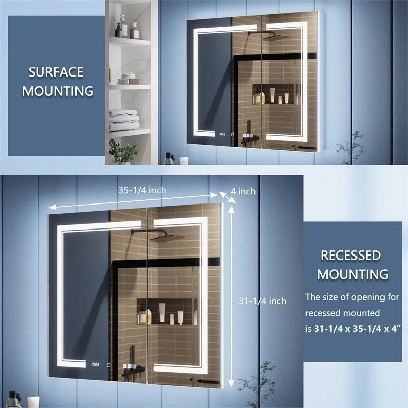 Illusion-B 36" x 32" LED Lighted Inset Mirrored Medicine Cabinet with Magnifiers Front and Back Light