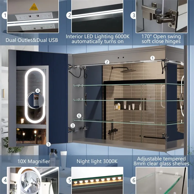 Illusion-B 36" x 32" LED Lighted Inset Mirrored Medicine Cabinet with Magnifiers Front and Back Light