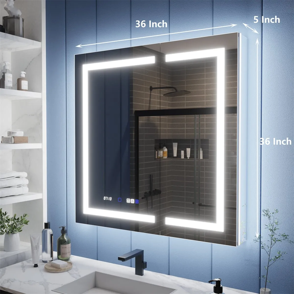 Illusion-B 36" x 36" LED Lighted Inset Mirrored Medicine Cabinet with Magnifiers Front and Back Light