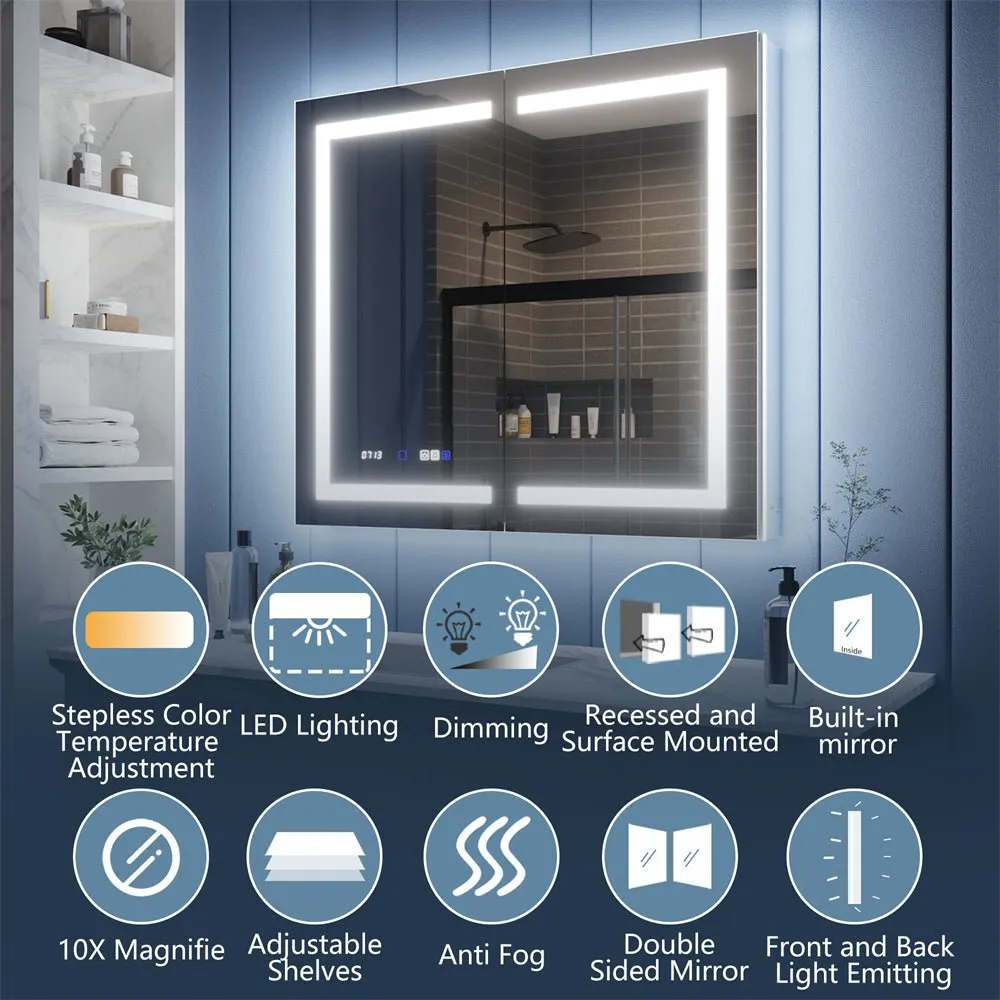 Illusion-B 36" x 36" LED Lighted Inset Mirrored Medicine Cabinet with Magnifiers Front and Back Light