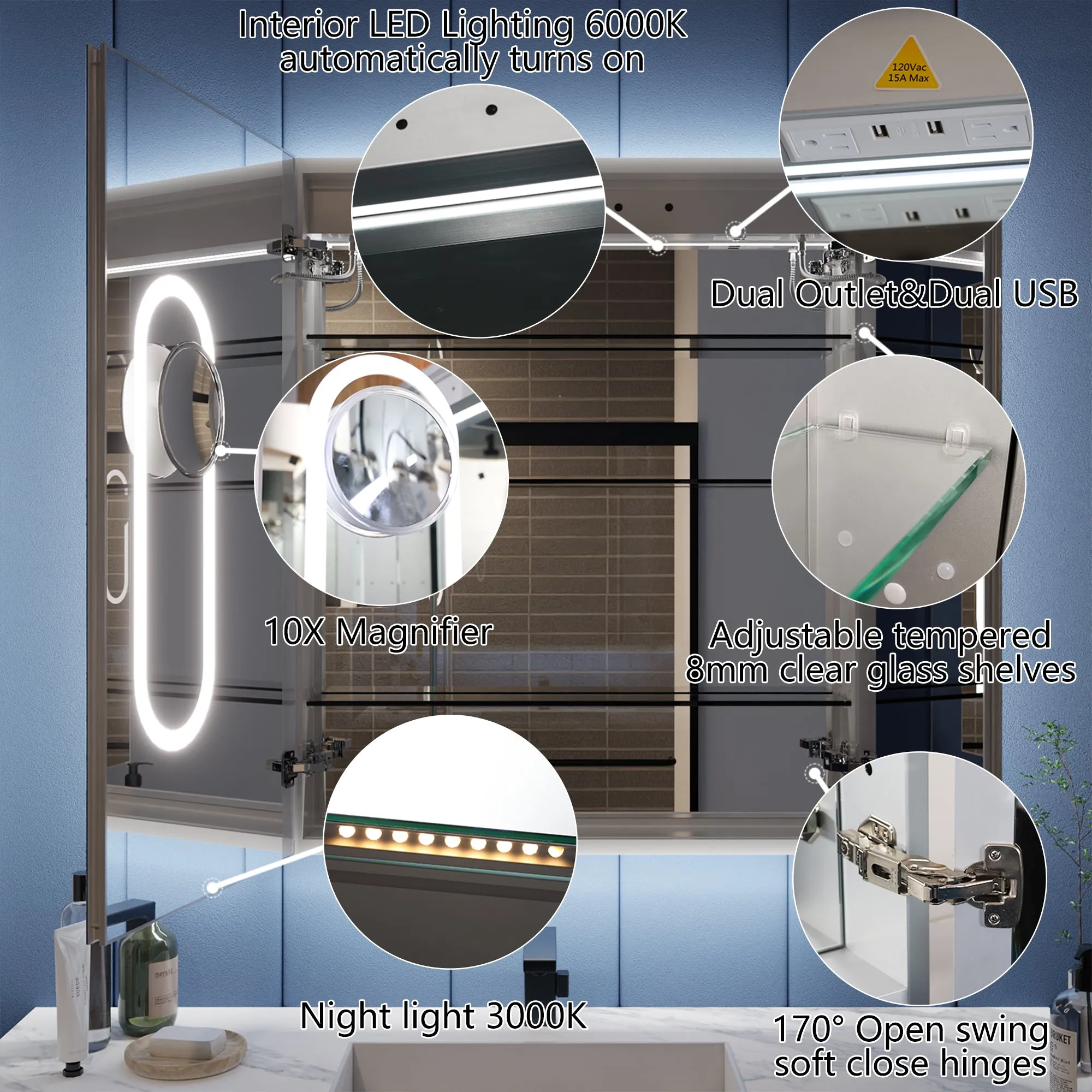 Illusion-B 36" x 36" LED Lighted Inset Mirrored Medicine Cabinet with Magnifiers Front and Back Light