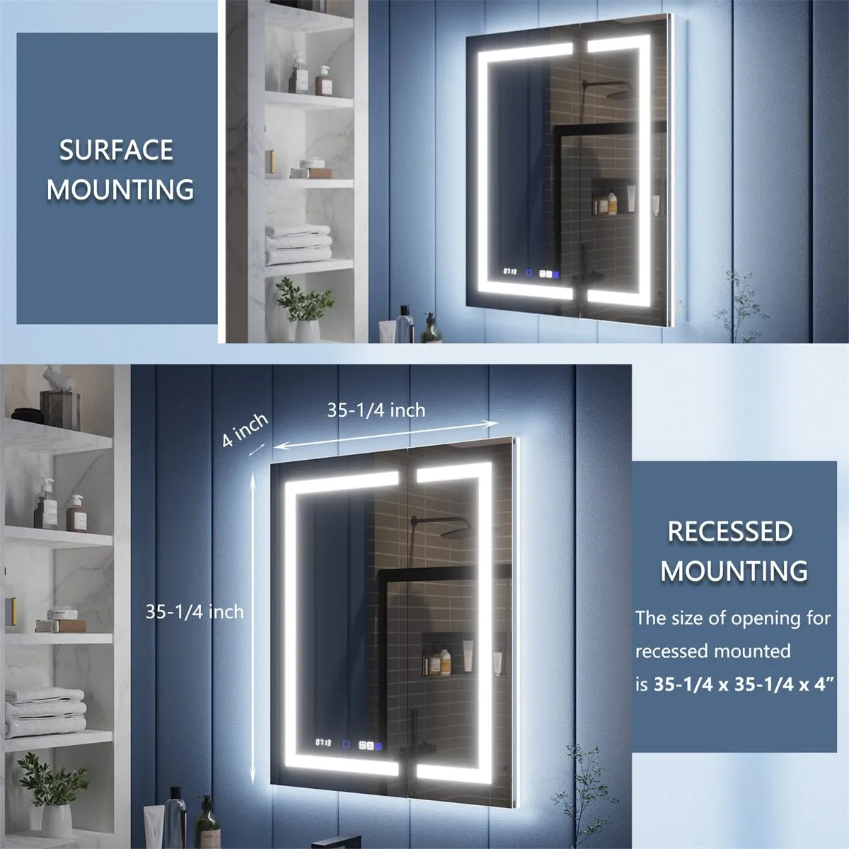 Illusion-B 36" x 36" LED Lighted Inset Mirrored Medicine Cabinet with Magnifiers Front and Back Light