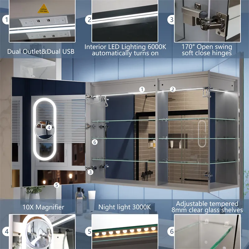 Illusion-B 40" x 32" LED Lighted Inset Mirrored Medicine Cabinet with Magnifiers Front and Back Light