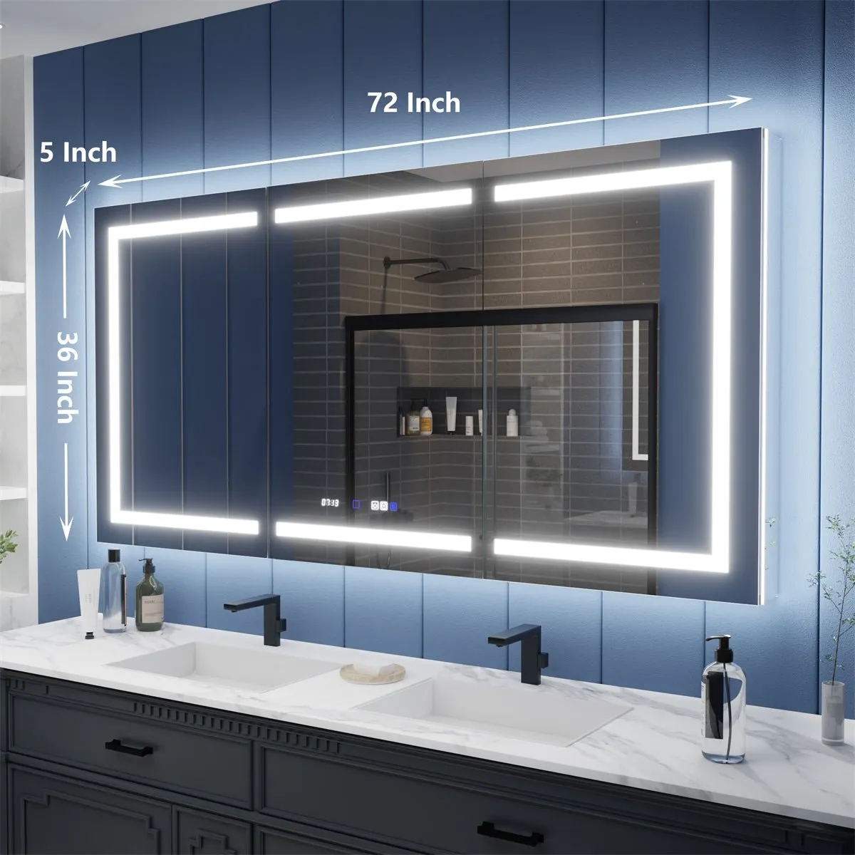 Illusion-B 72" x 36" LED Lighted Inset Mirrored Medicine Cabinet with Magnifiers Front and Back Light