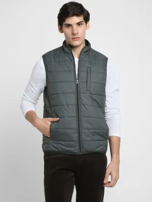 Men's Mock Collar Regular Fit Solid Quilted Military Jacket