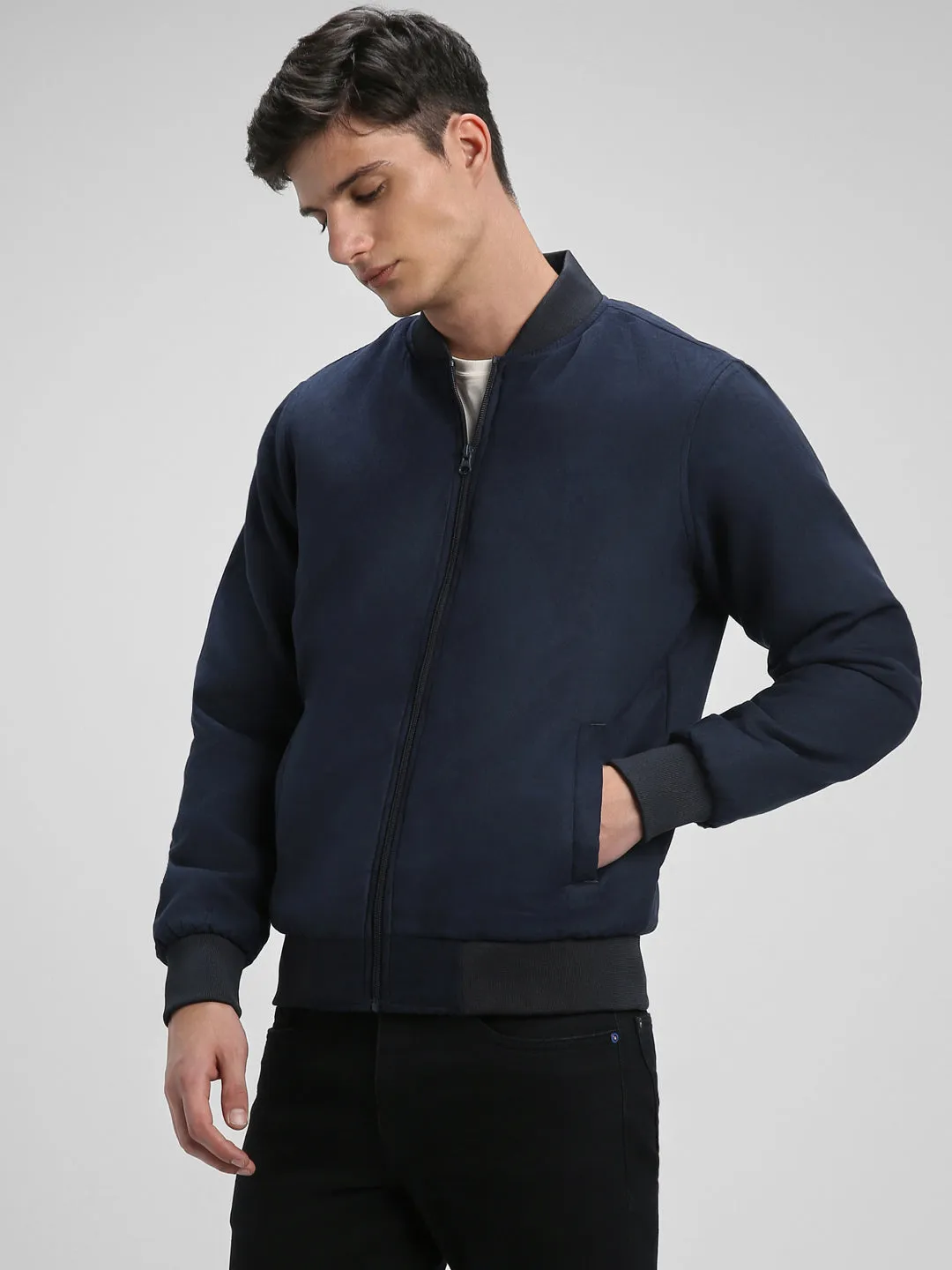 Men's Rib Collar Regular Fit Solid Navy Suede Bomber Jacket