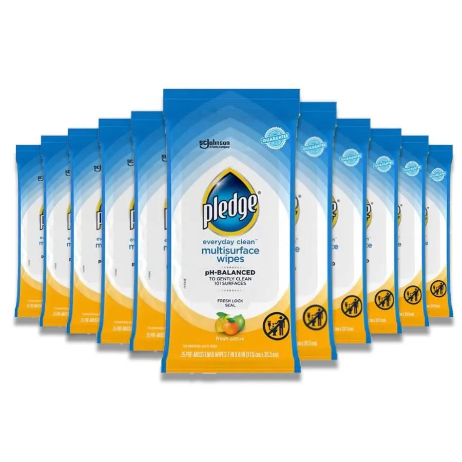 Pledge - Multi-Surface Furniture Polish Wipes, Cleans and Protects, Fresh Citrus - 25 Ct - 12 Pack