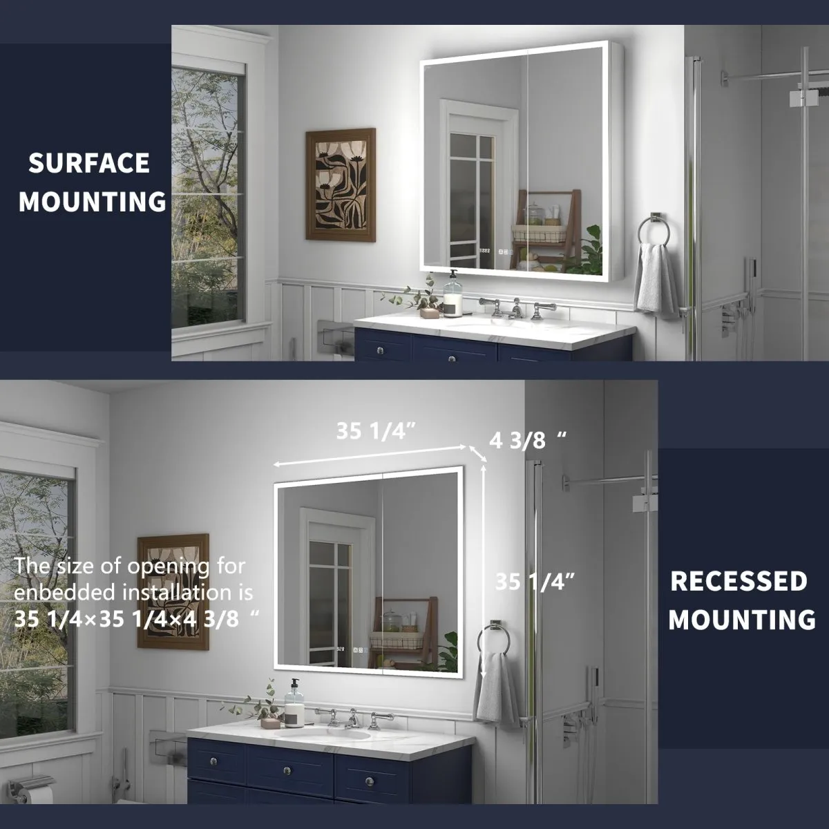 Rim 36" W x 36" H Lighted Medicine Cabinet Recessed or Surface LED Medicine Cabinet with Outlets & USBs