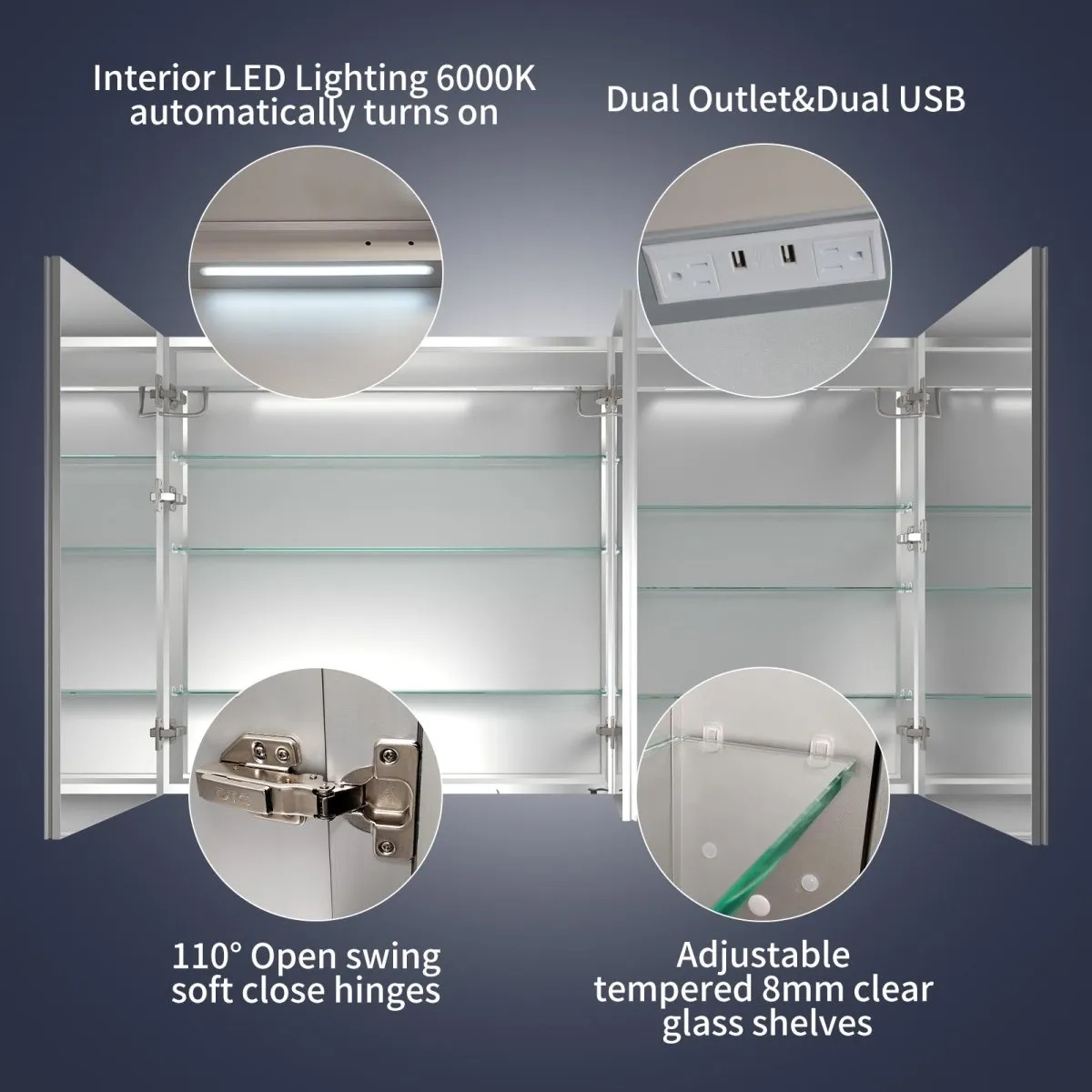 Rim 60" W x 36" H LED Lighted Medicine Cabinet Recessed or Surface with Mirrors and Clock