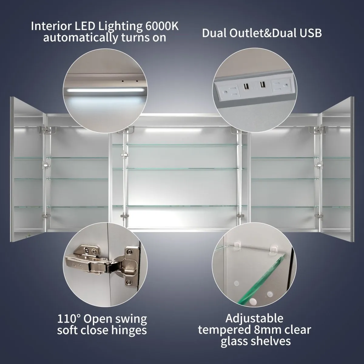 Rim 84" W x 36" H LED Lighted Medicine Cabinet Recessed or Surface with Mirrors,24-36-24