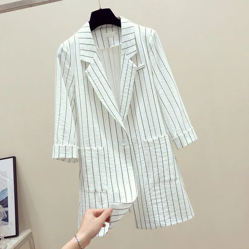 Striped Blazer Women Mid-Length Popular Casual Suit Korean Thin Breathable Outerwear