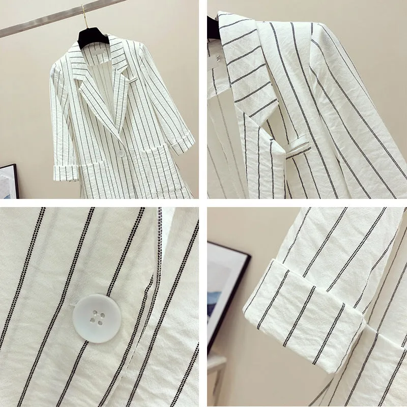 Striped Blazer Women Mid-Length Popular Casual Suit Korean Thin Breathable Outerwear