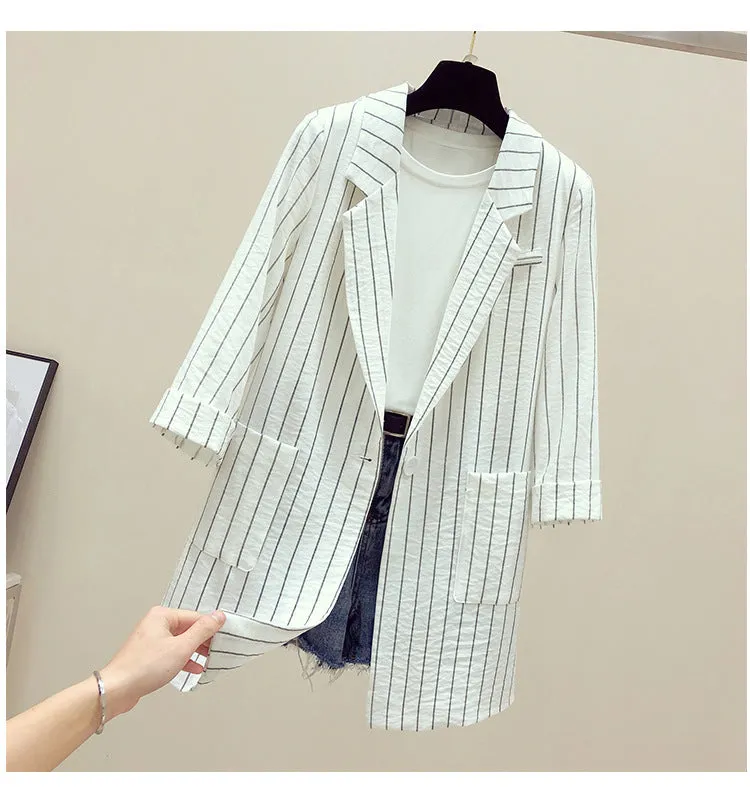 Striped Blazer Women Mid-Length Popular Casual Suit Korean Thin Breathable Outerwear