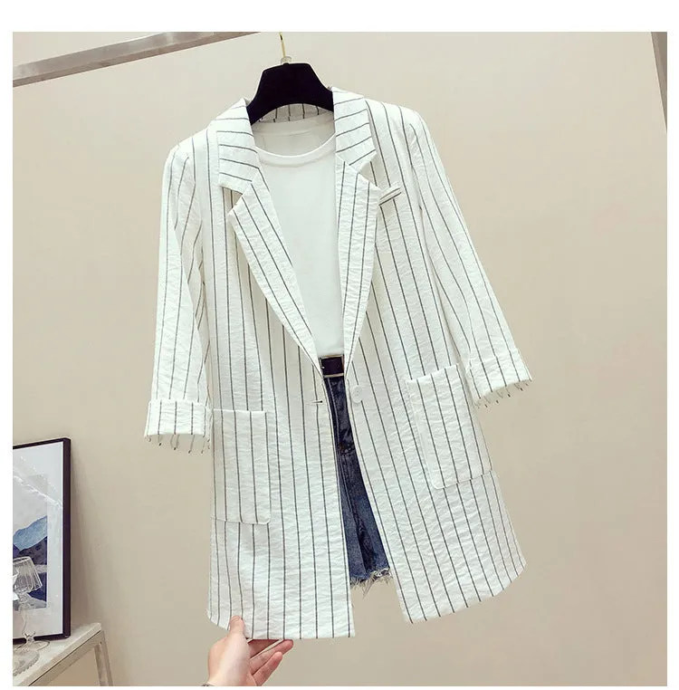 Striped Blazer Women Mid-Length Popular Casual Suit Korean Thin Breathable Outerwear