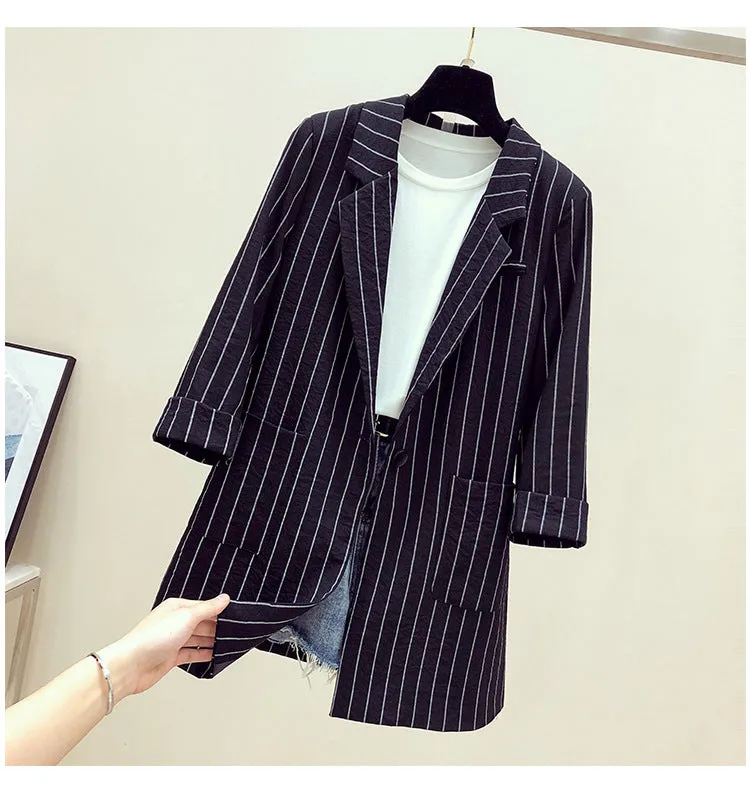 Striped Blazer Women Mid-Length Popular Casual Suit Korean Thin Breathable Outerwear