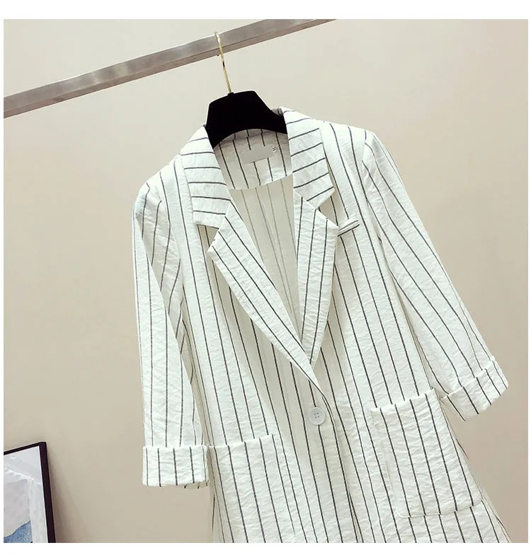 Striped Blazer Women Mid-Length Popular Casual Suit Korean Thin Breathable Outerwear