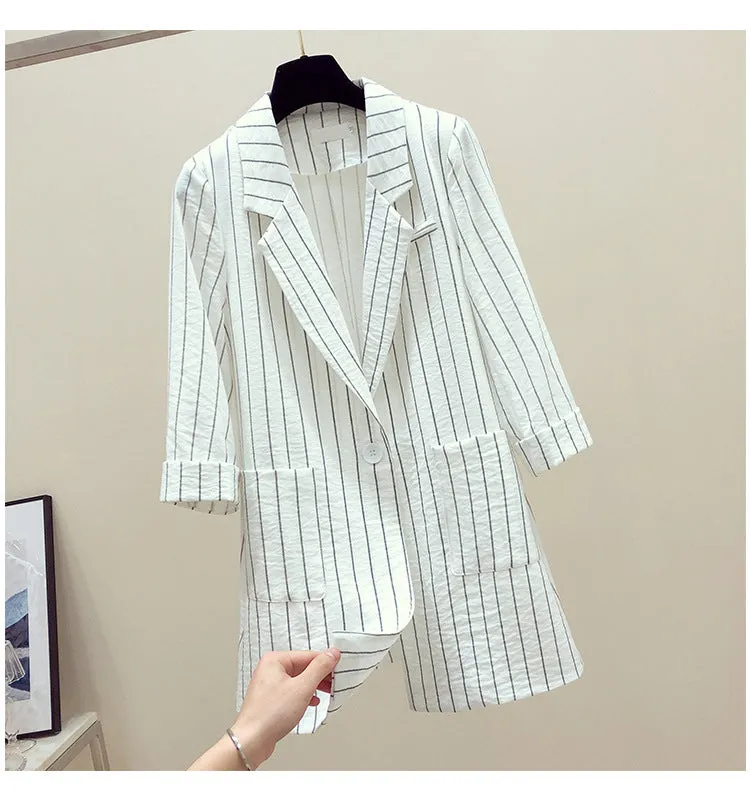 Striped Blazer Women Mid-Length Popular Casual Suit Korean Thin Breathable Outerwear