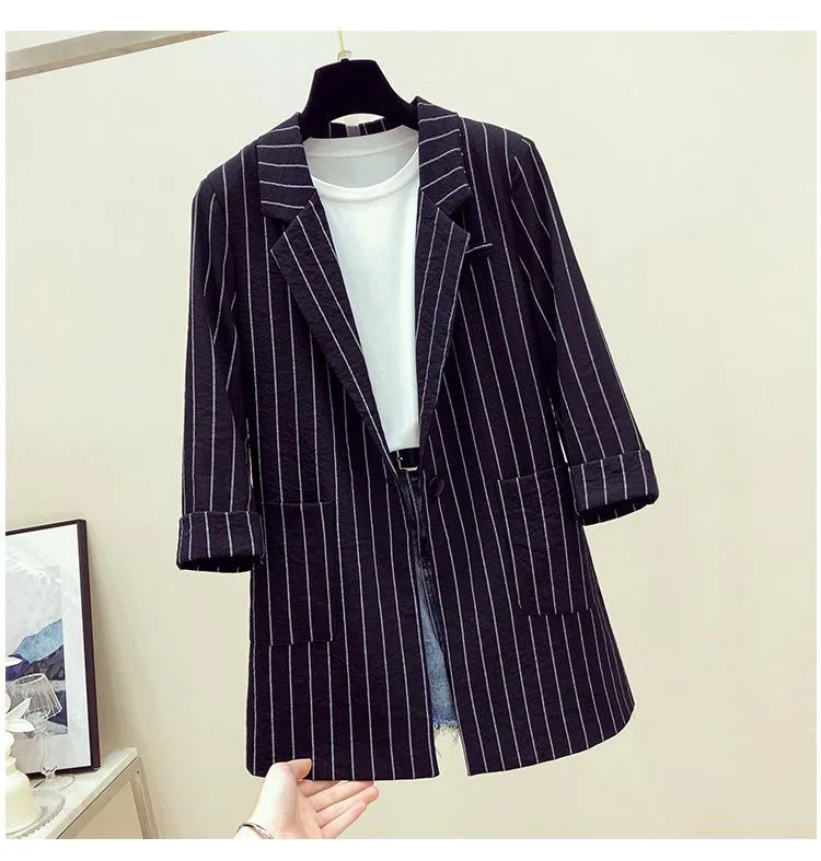 Striped Blazer Women Mid-Length Popular Casual Suit Korean Thin Breathable Outerwear