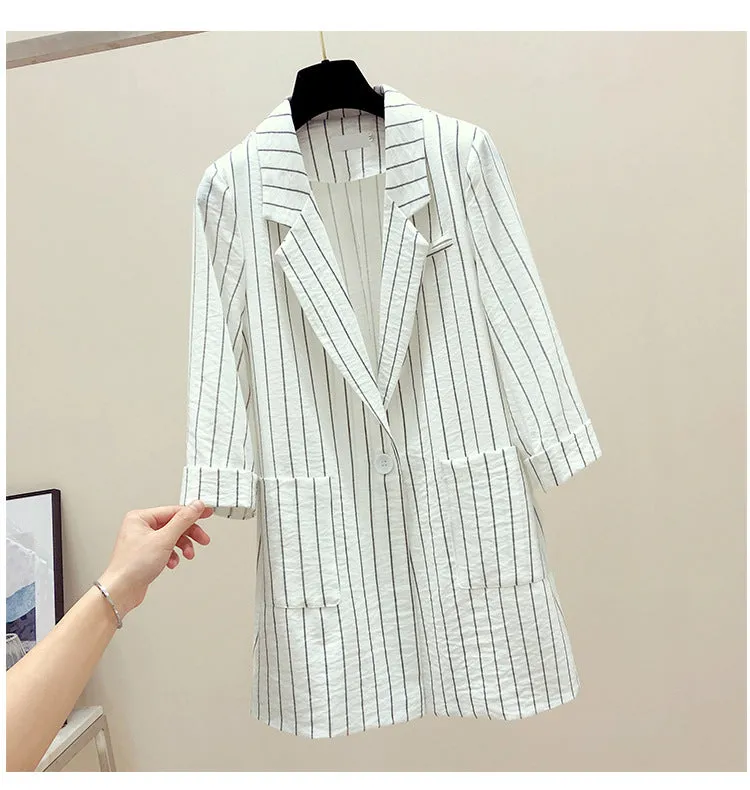 Striped Blazer Women Mid-Length Popular Casual Suit Korean Thin Breathable Outerwear