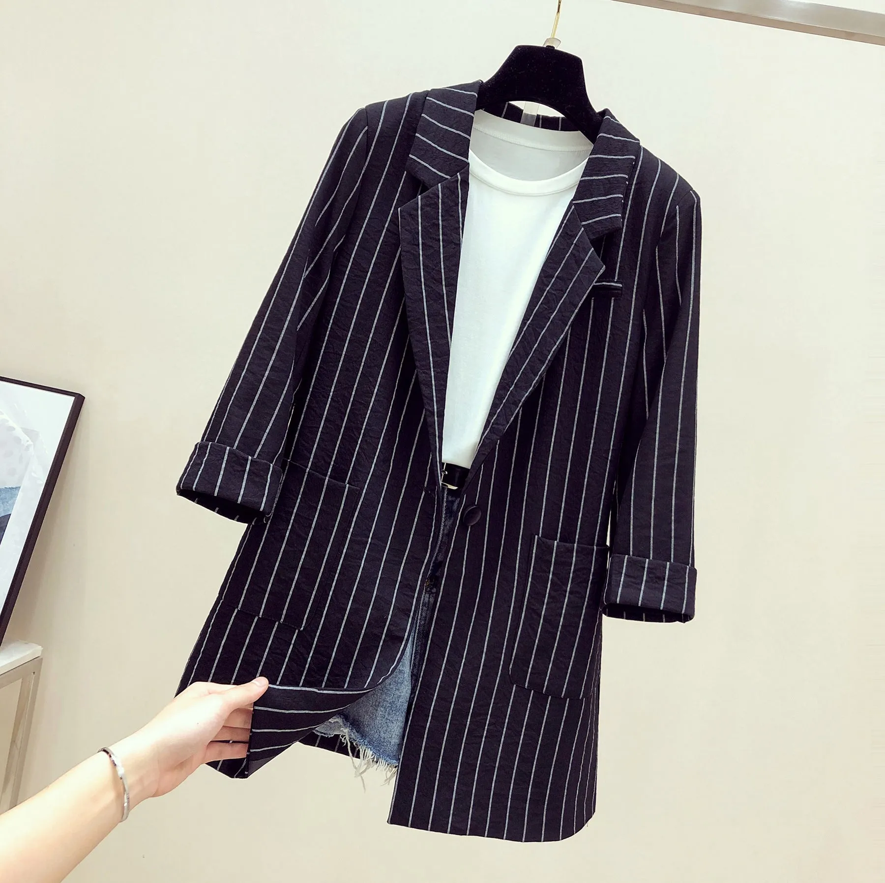 Striped Blazer Women Mid-Length Popular Casual Suit Korean Thin Breathable Outerwear