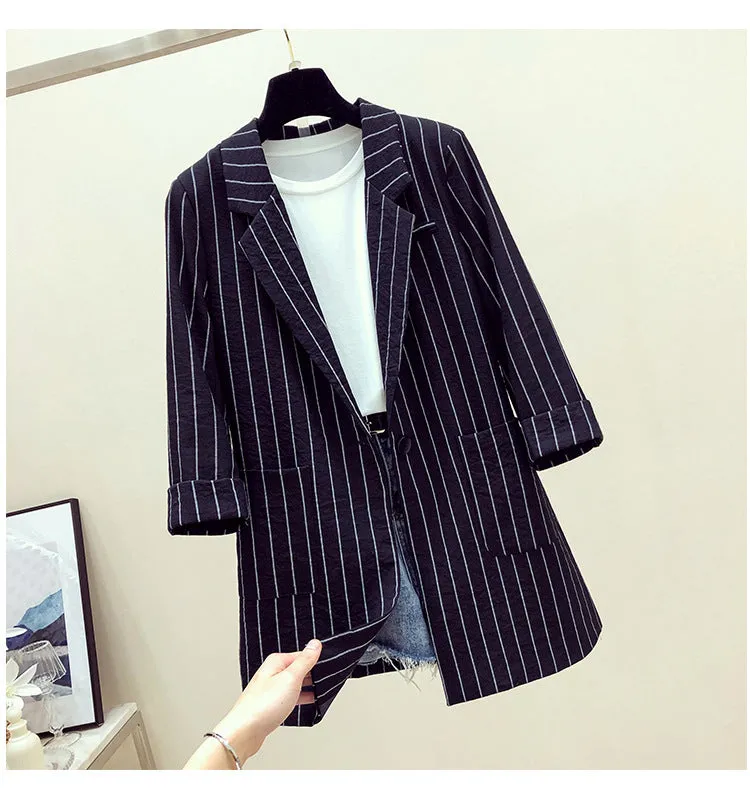 Striped Blazer Women Mid-Length Popular Casual Suit Korean Thin Breathable Outerwear